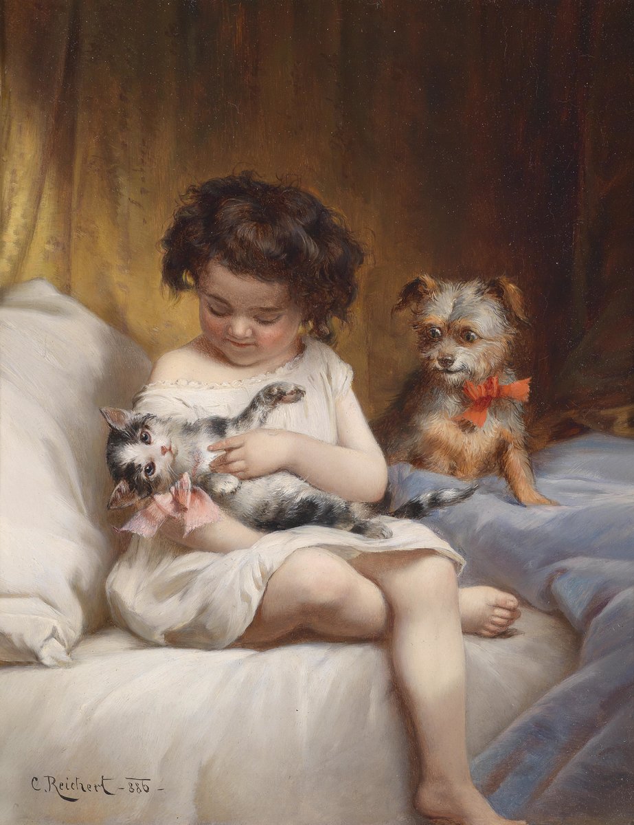 Девочка, котёнок и щенок. Карл Райхерт (Carl Reichert) - живопись, щенок, девочка, котенок, портрет - оригинал