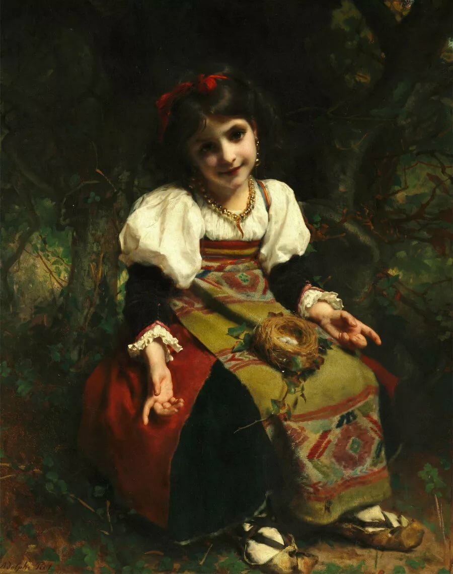 Этьен Адольф Пиот. Девочка с птичьим гнездом - живопись, портрет, девочка, 19 век - оригинал