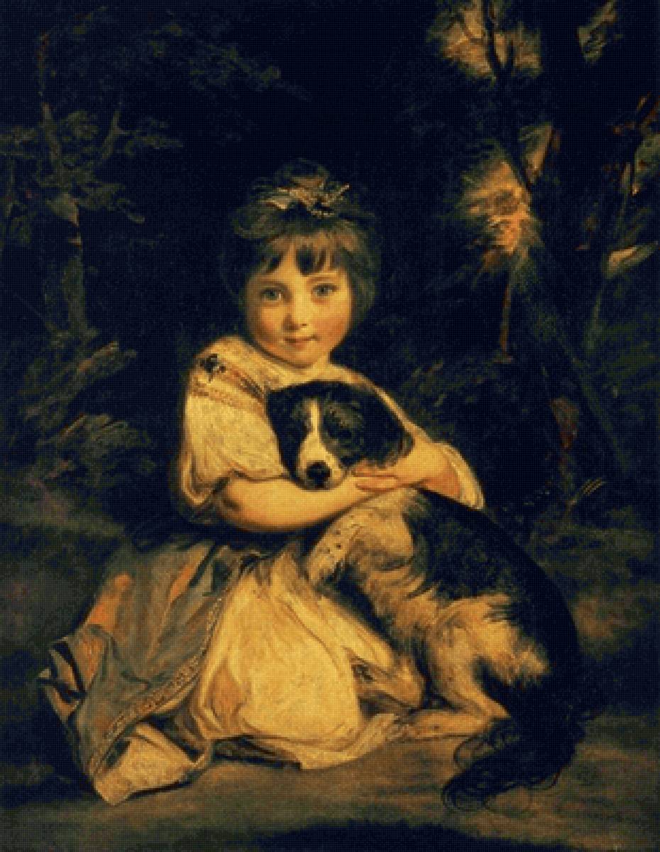 Джошуа Рейнольдс. Портрет Мисс Боулз с собакой - 19 век, собака, живопись, портрет, девочка - предпросмотр