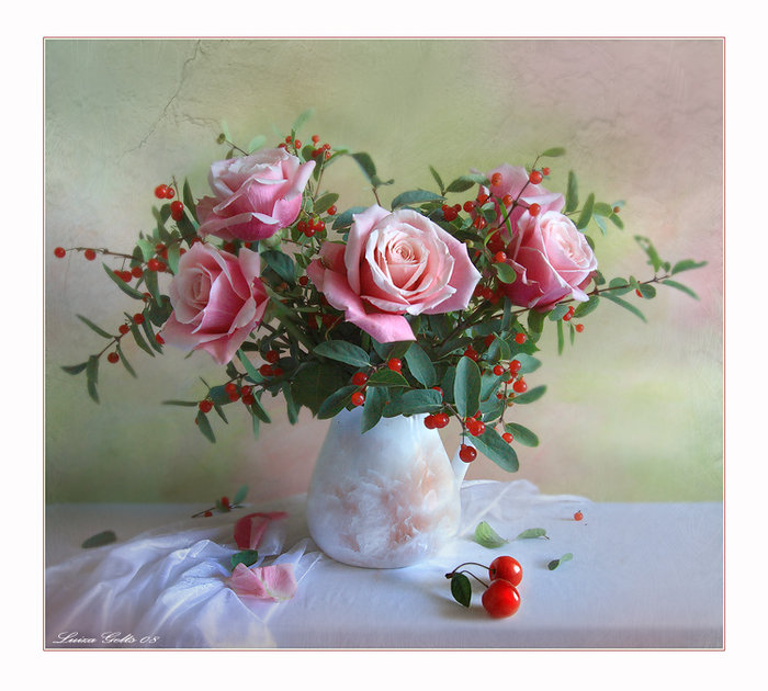 Нежные розы - букет, ягоды, розовые розы, натюрморт - оригинал