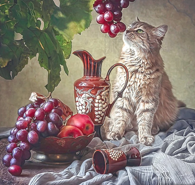 №2143324 - натюрморт, яблоки, виноград, кот, кувшин - оригинал