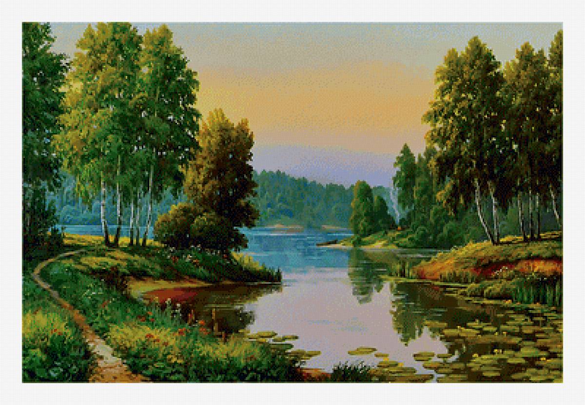 Пейзаж у озера. - природа, река, лес, живопись, лето, пейзаж, березы - предпросмотр