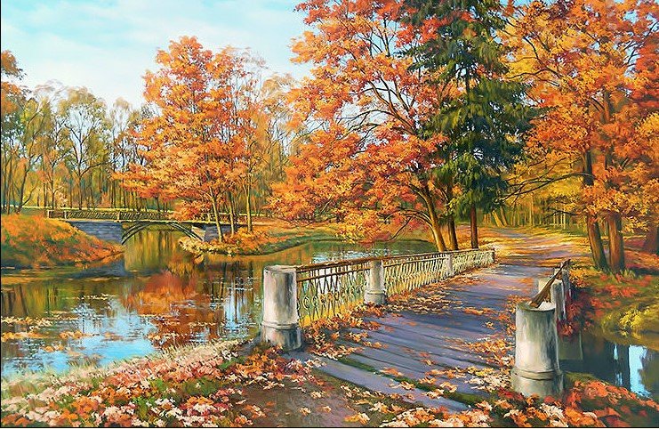 Мостик в осеннем парке - парк, мост, осень, пейзаж, река, деревья - оригинал