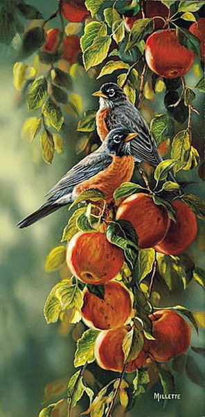 Птицы на яблоне - яблоки, птицы, панно - оригинал