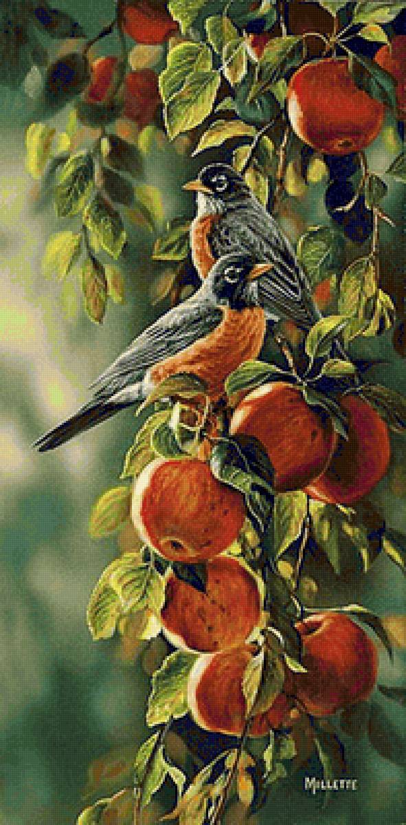 Птицы на яблоне - яблоки, птицы, панно - предпросмотр
