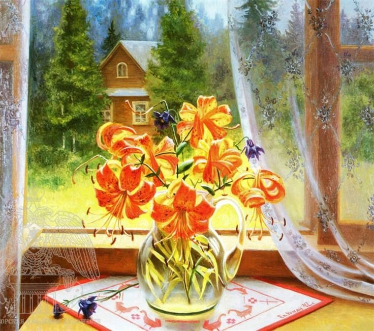 Солнце в вазе - старая дача, огненный цвет, лилии - оригинал