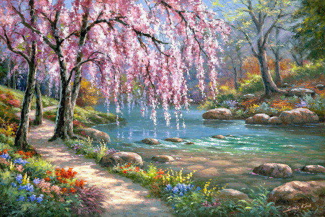 река в цвету - река, природа, сакура, пейзаж - оригинал