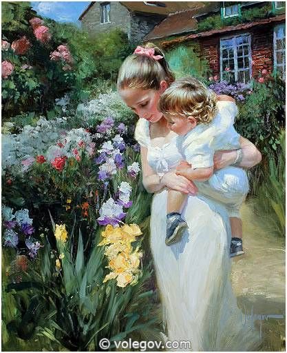 Мать и дитя - сад, цветы, женщина, ребенок, дом - оригинал