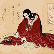 Японка, отрезающая полу кимоно, чтобы не разбудить кошку