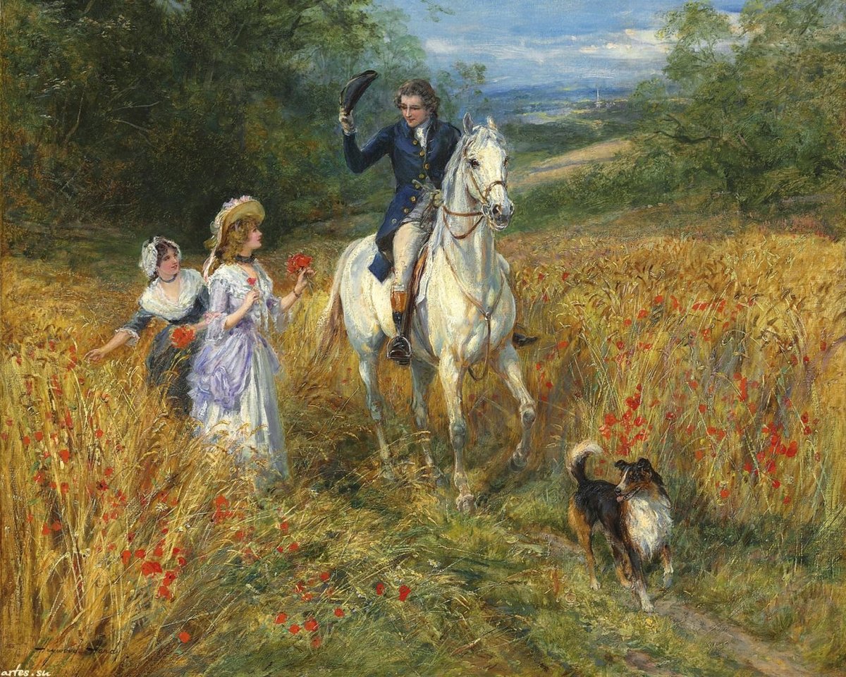 Встреча в поле - дамы, цветы, поле, лошади, собаки, кавалер - оригинал