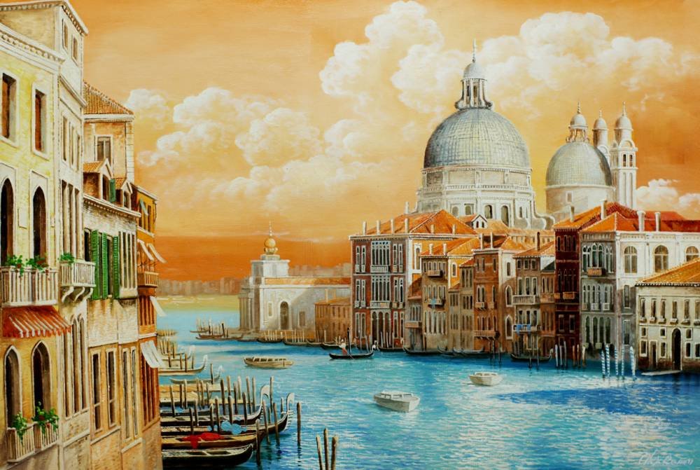 Венеция (Художник А. Ромм) - здания, улица, город, венеция, канал, гандолы, пейзаж, лодки - оригинал