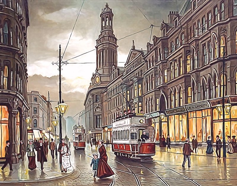 Старая Англия - фонари, трамвай, англия, люди, городской пейзаж, старый город - оригинал