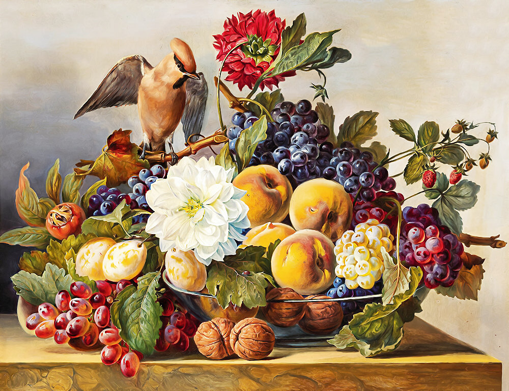 Серия "Натюрморты". - виноград, натюрморт, птицы, цветы, фрукты - оригинал