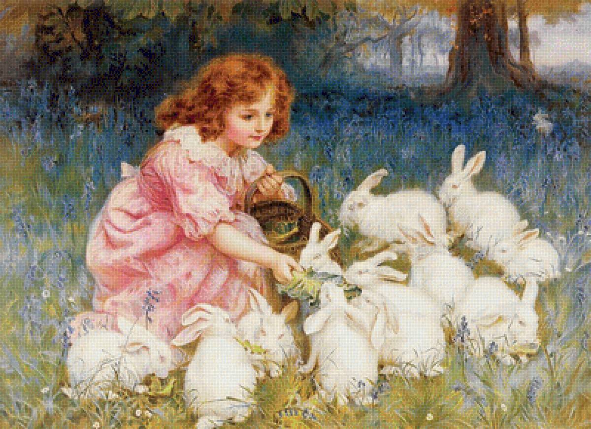 Girl feeding rabbits - child, girl, rabbits - предпросмотр