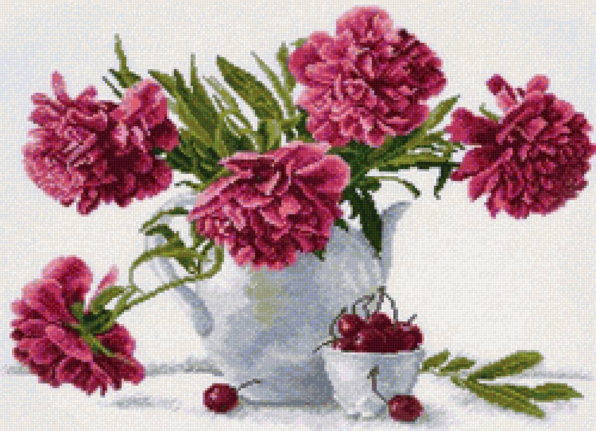 Пионы и черешня - чайник, фрукты, чашка, цветы - предпросмотр