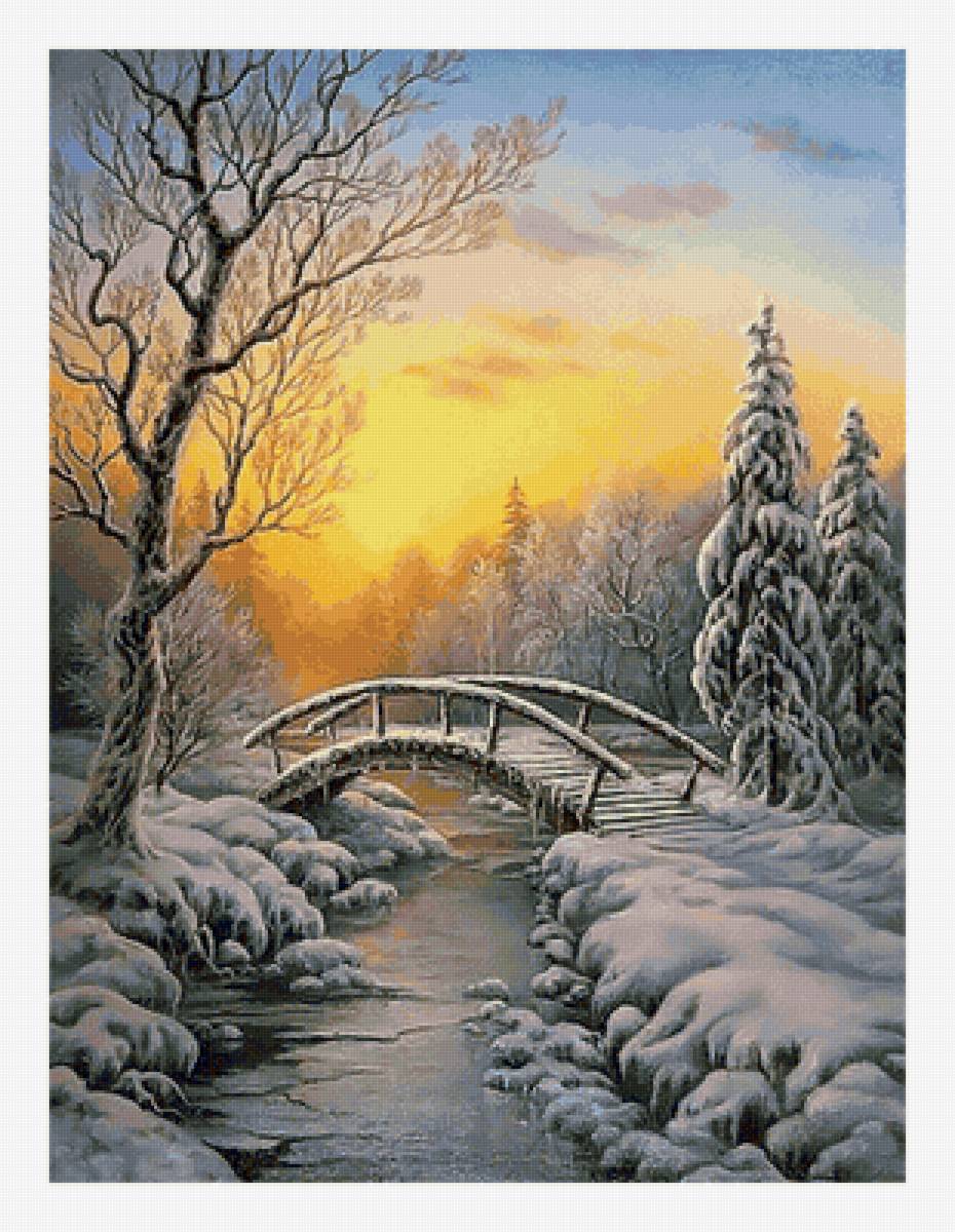 Зимняя речка. - живопись, пейзаж, мост, природа, снег, река - предпросмотр