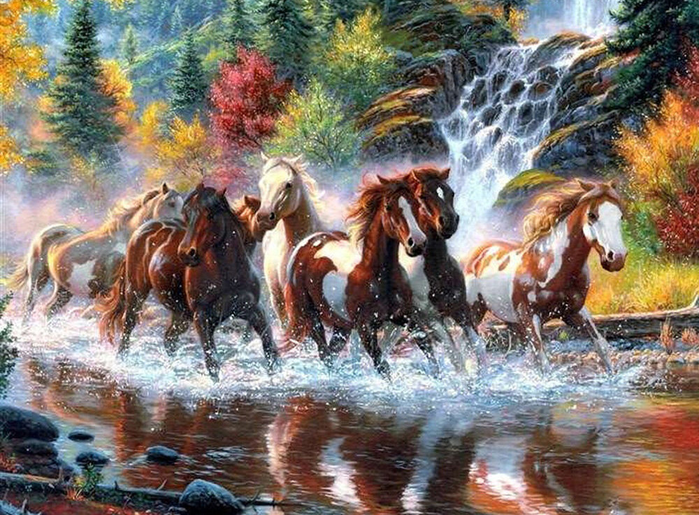 Бегущие лошади - лошади, лес, река - оригинал