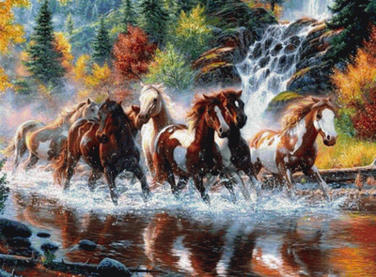 Бегущие лошади - лес, лошади, река - предпросмотр