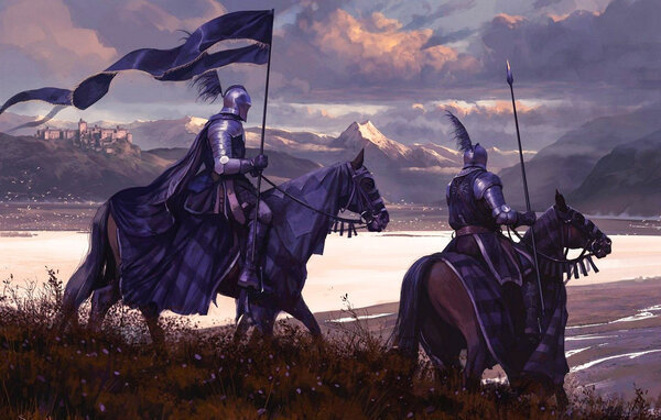 Возвращение - рыцари, кони, замок, штандарт - оригинал