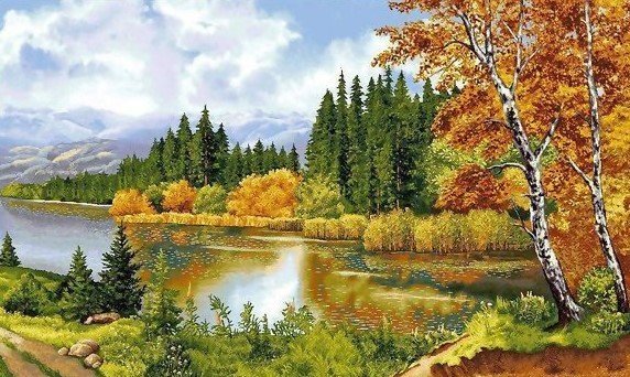 Осенний пейзаж - березы, горы, река, осень, лес - оригинал