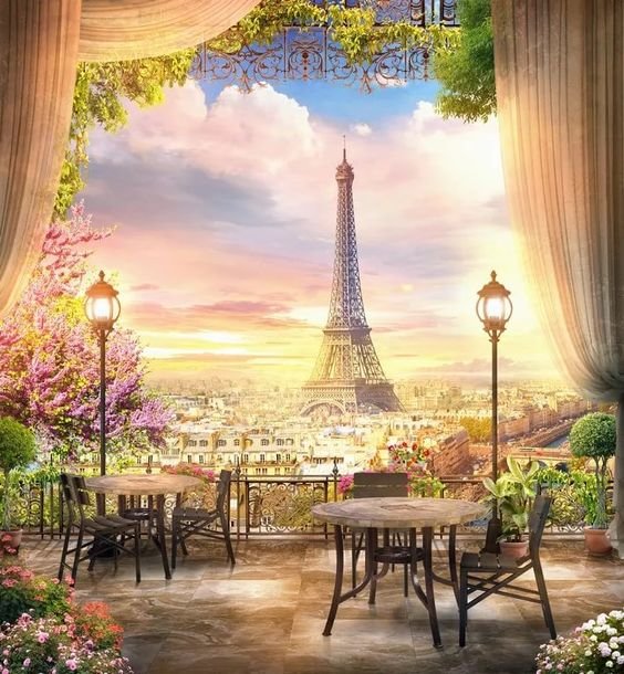 Вид на Париж - эйфелева башняб город, париж, кафе - оригинал