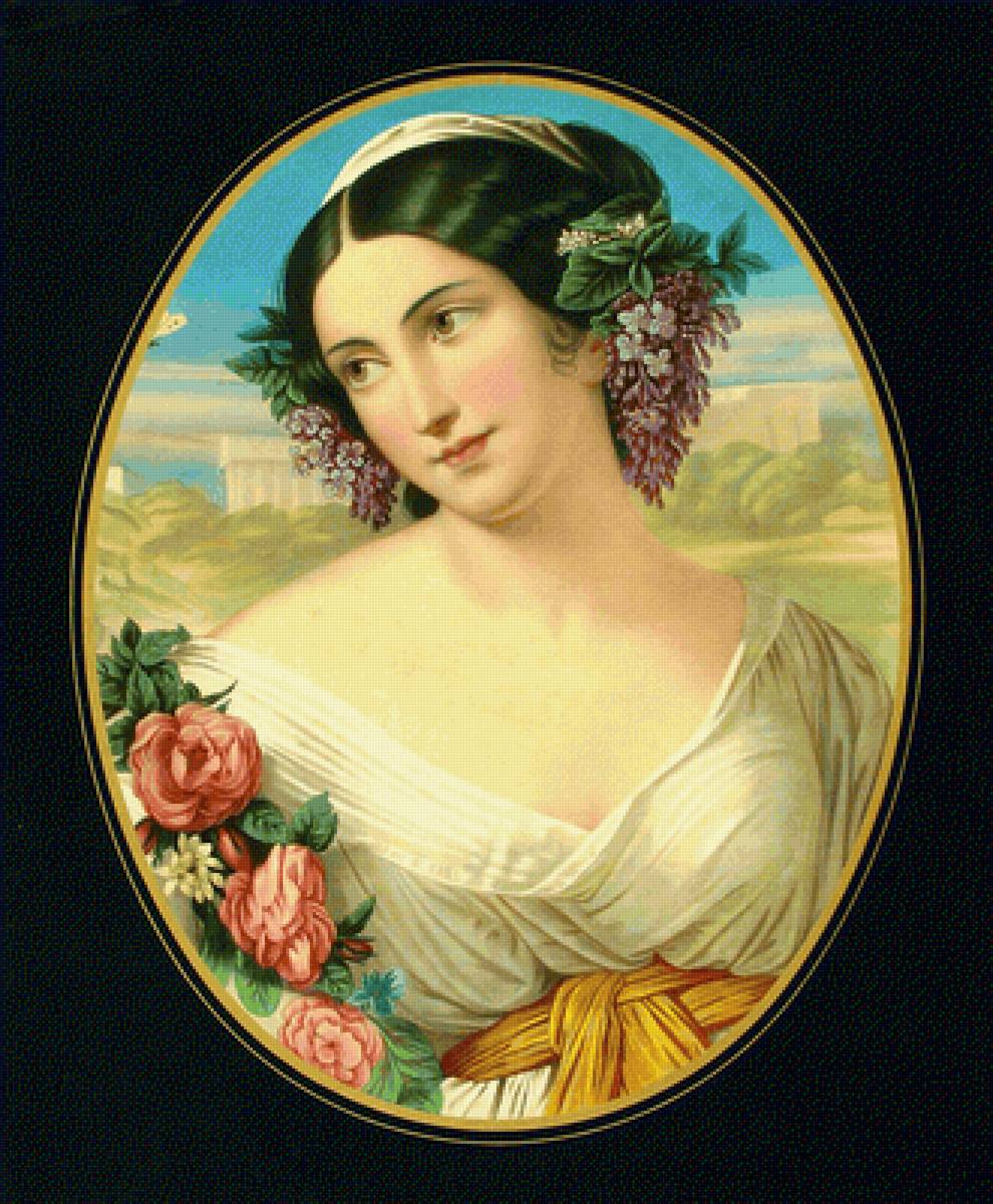 Портрет девушки (овал) - сирень, розы, цветы, женщина, портрет, девушка - предпросмотр