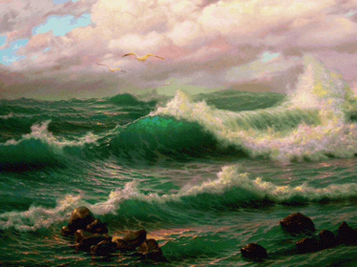 Морская волна - пейзаж, скалы, шторм, море, волны, чайки - предпросмотр