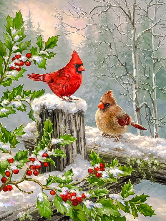 Cardinals on a Fence in the Snow with Holly Berries. - dona gelsinger paints.snowscenes.christmas.birds. - оригинал