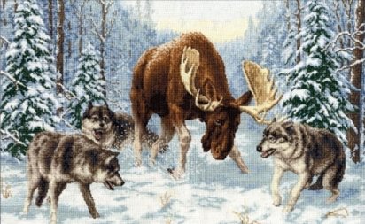 Встреча в лесу - собаки, встреча, зима, лось - оригинал