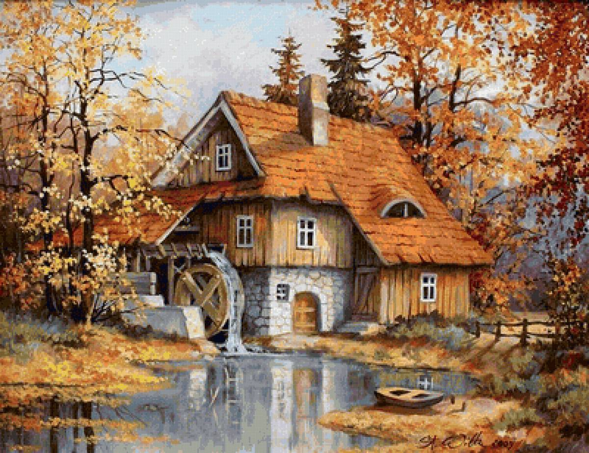 Осенний пейзаж - деревья, пейзаж, вода, осень, домик, мельница - предпросмотр