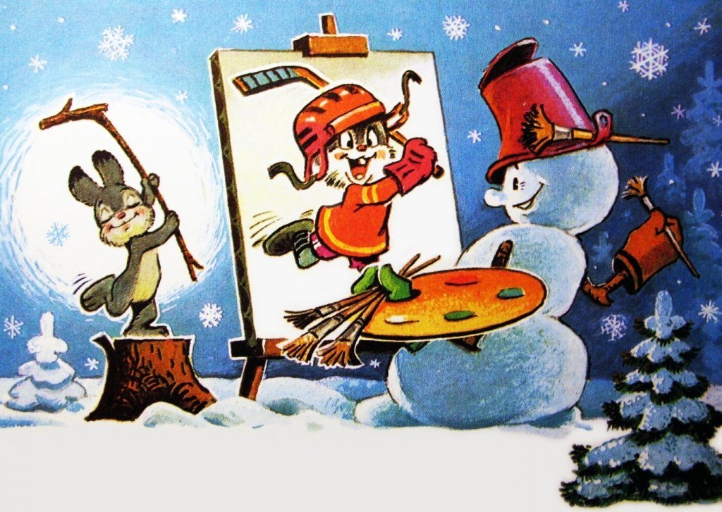 Художник - новый год, художник, снеговик, заяц, открытка - оригинал