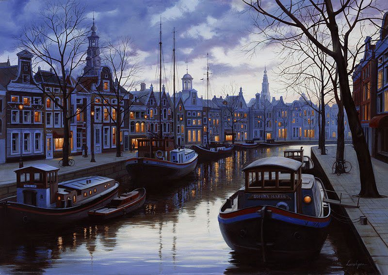 Вечерний Амстердам - город, амстердам, лодки, вечер, пейзаж, голландия, ночь, канал - оригинал