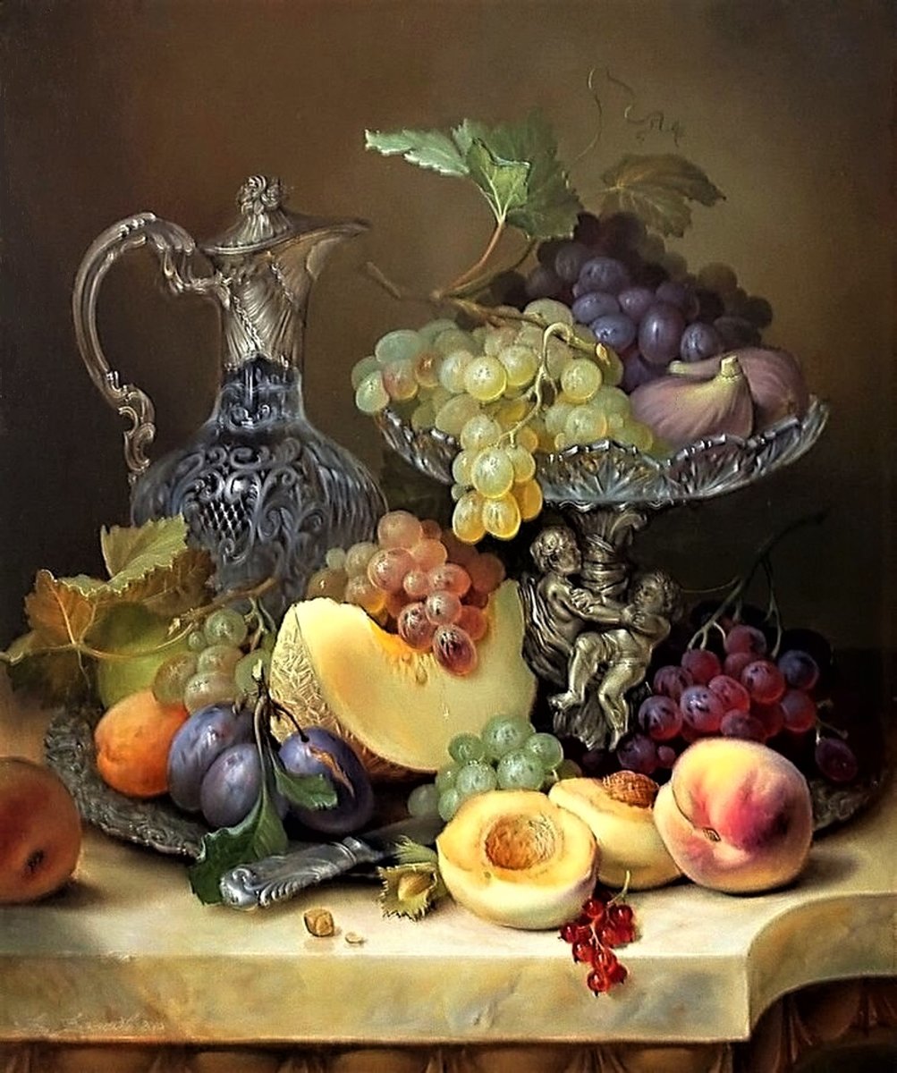 Натюрморт - персики, кувшин, живопись, инжир, дыня, виноград, фрукты, натюрморт - оригинал