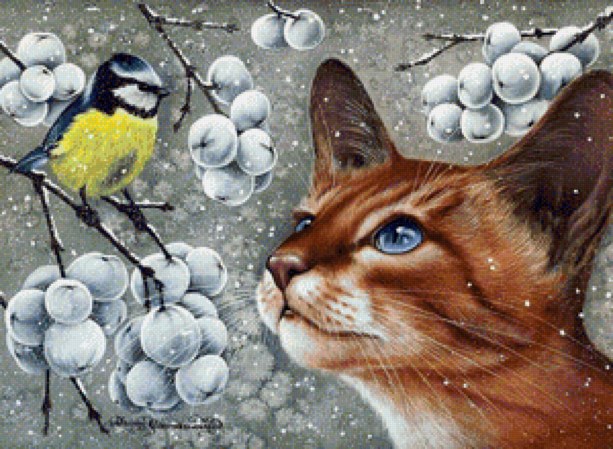 Кошка и птичка - кошка, картина, птица - предпросмотр