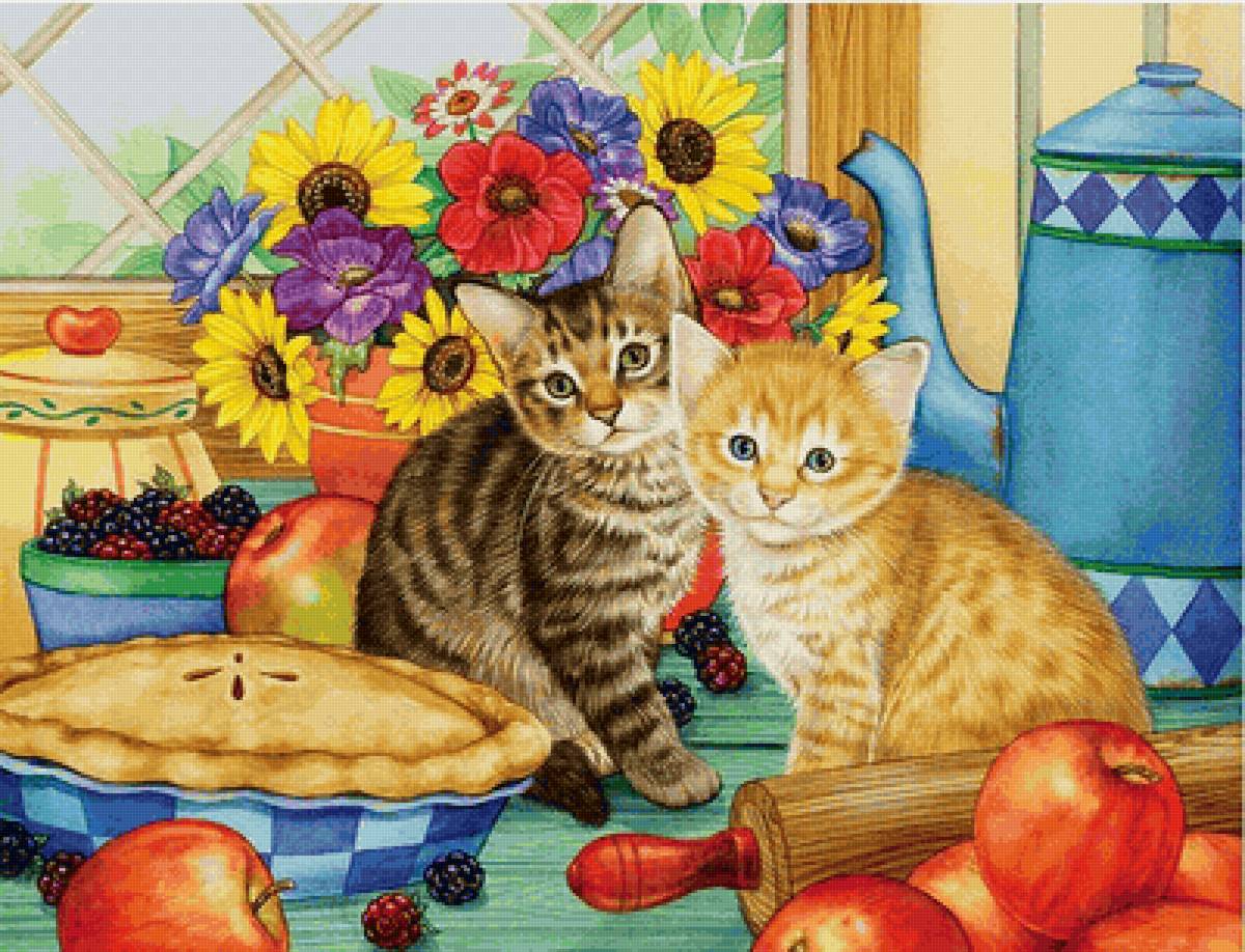 Gatos. - animais .ilustração., flores.frutas - предпросмотр