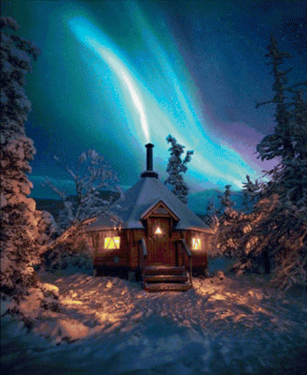 Дом в зимнем лесу - лес, северное сияние, дом, зима - предпросмотр