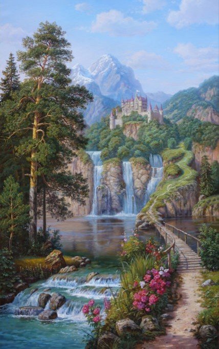 Замок над водопадом - замок, горы, лес, вода - оригинал