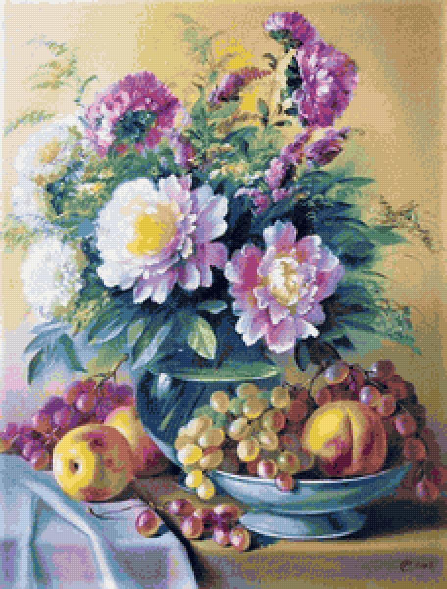 Пионы и виноград - яблоки, виноград, ваза, пионы, цветы, натюрморт - предпросмотр