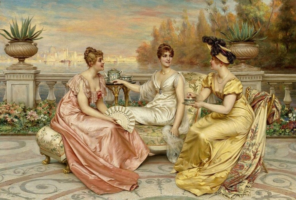 Беседа за чашкой чая - женщина, чай, портрет, 19 век, девушка, живопись - оригинал
