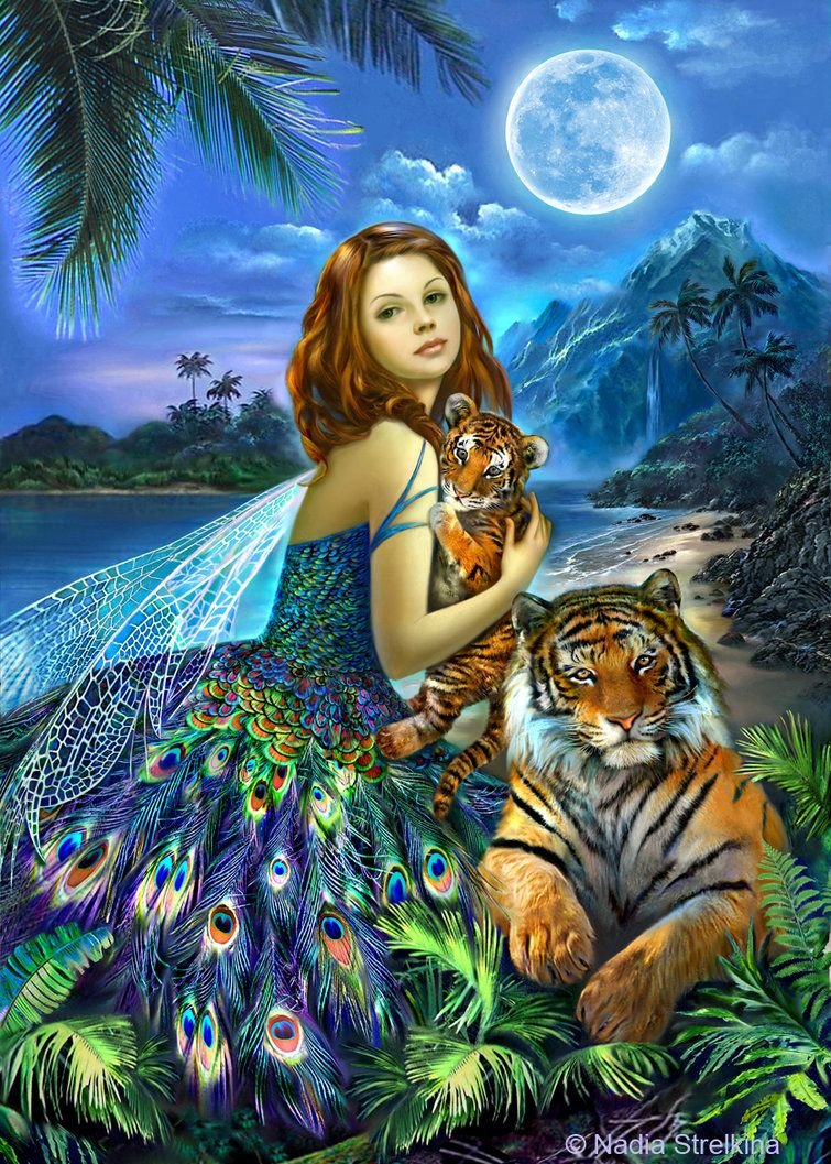Fairy with Tigers - tigers, fantasy - оригинал