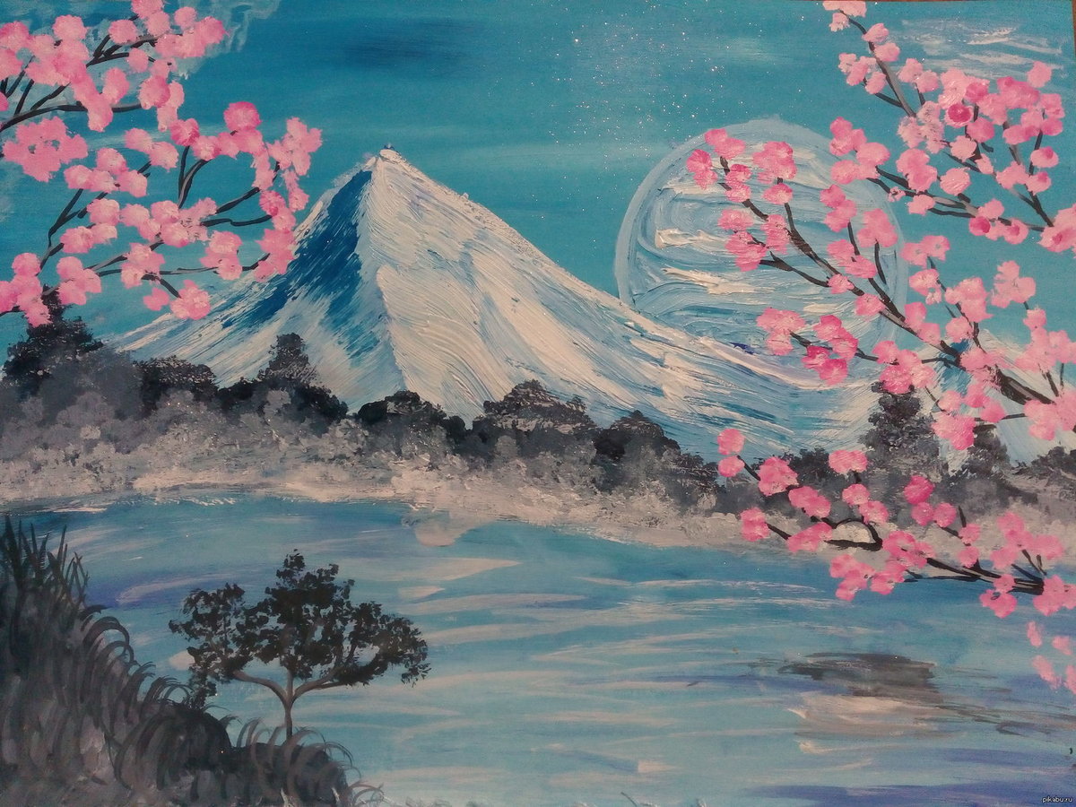 Луна и сакура - вода, гора, сакура, небо, луна - оригинал