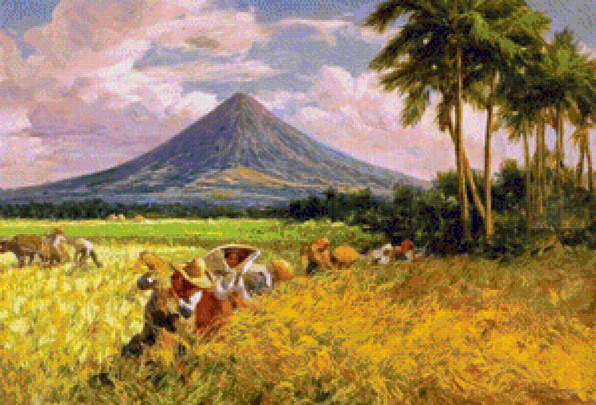 1956 Rice Field near Mayon Volcano - amorsolo, painting - предпросмотр