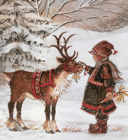 Лапландия - зима, олень, девочка, пейзаж - оригинал