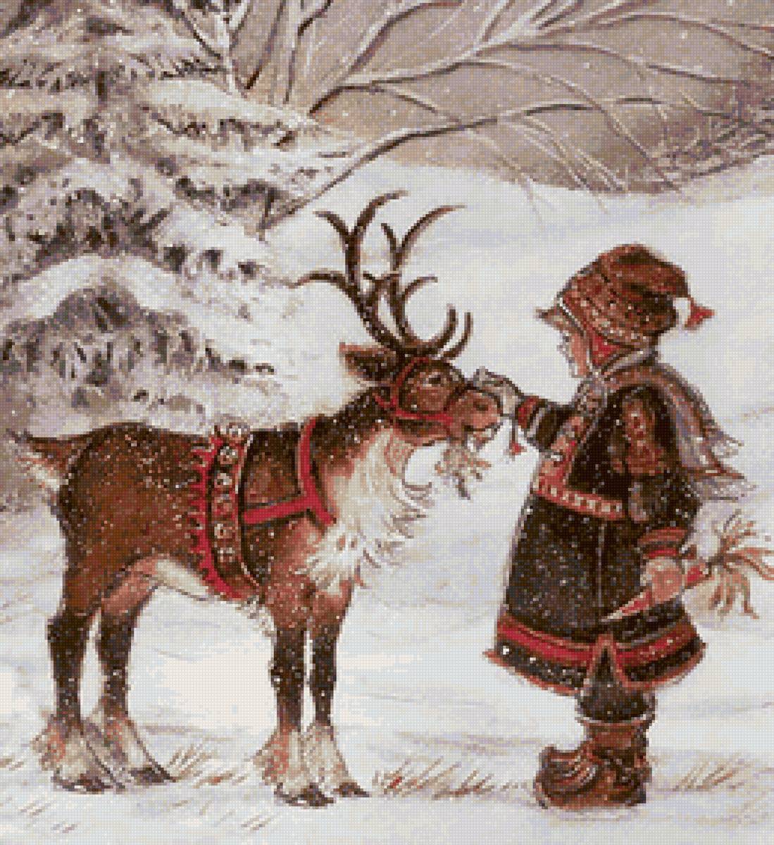 Лапландия - пейзаж, зима, девочка, олень - предпросмотр