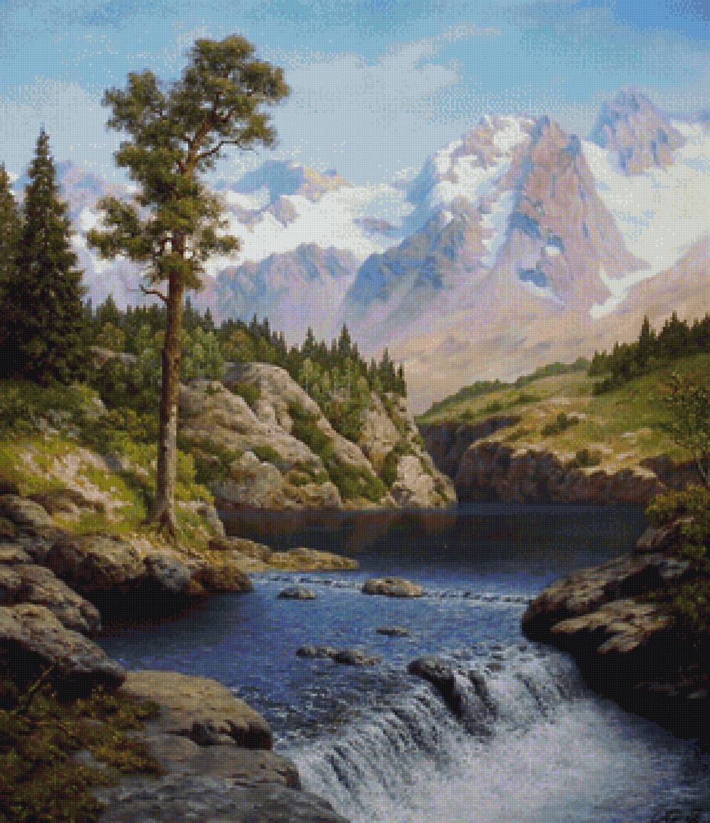 Горная река - природа, сосны, горы, река, пейзаж - предпросмотр