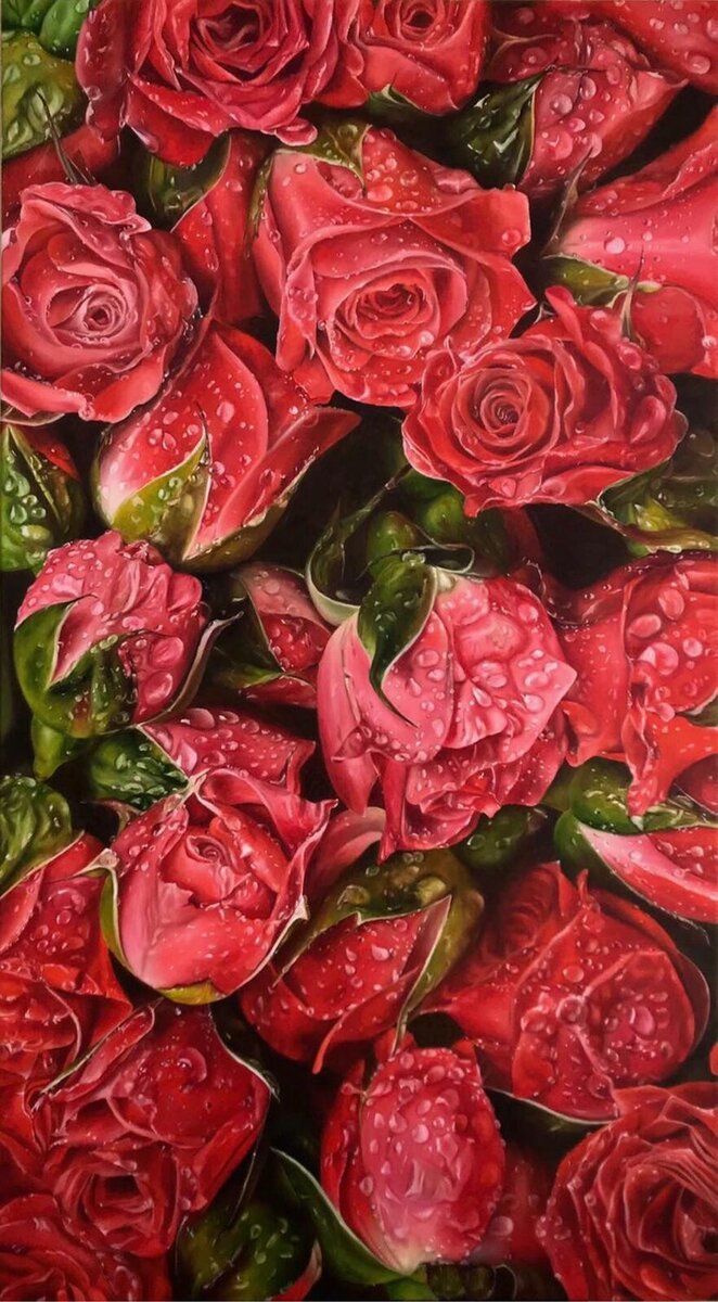 Красные розы в росе - роса, цветы, розы, живопись - оригинал