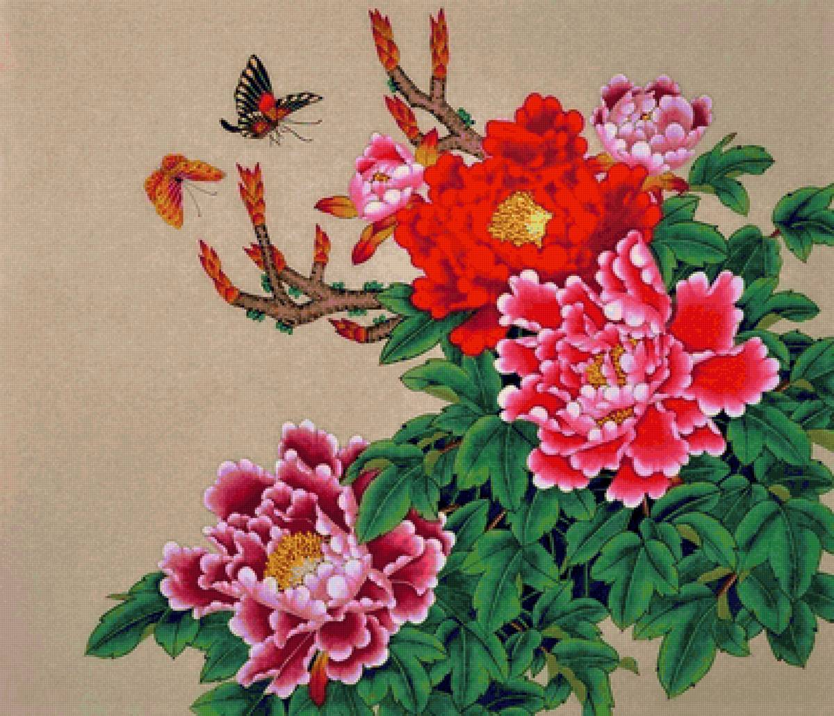Китайская живопись. Пионы - цветы, пионы, китайская живопись, бабочки, живопись - предпросмотр