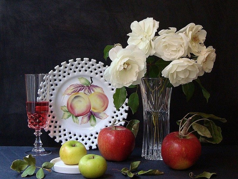 Натюрморт - натюрморт, розы, букет, яблоки, бокал - оригинал