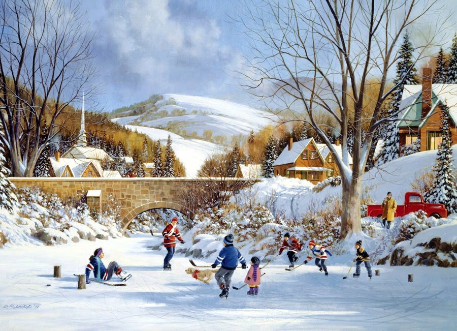 Crianças brincando no gelo. - crianças. vila .paisagens .inverno. - оригинал