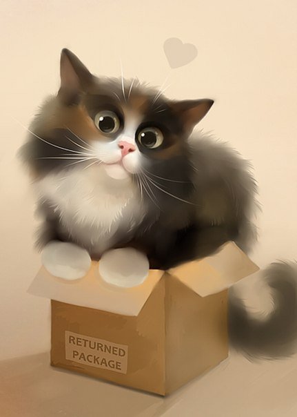 Котик в коробке - котик, коробка, рисунок - оригинал